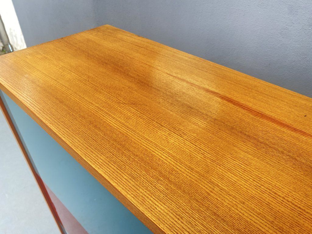 photo for sale Dřevotvar Hradec Králové Cabinet With Metal Legs And Colored Glass