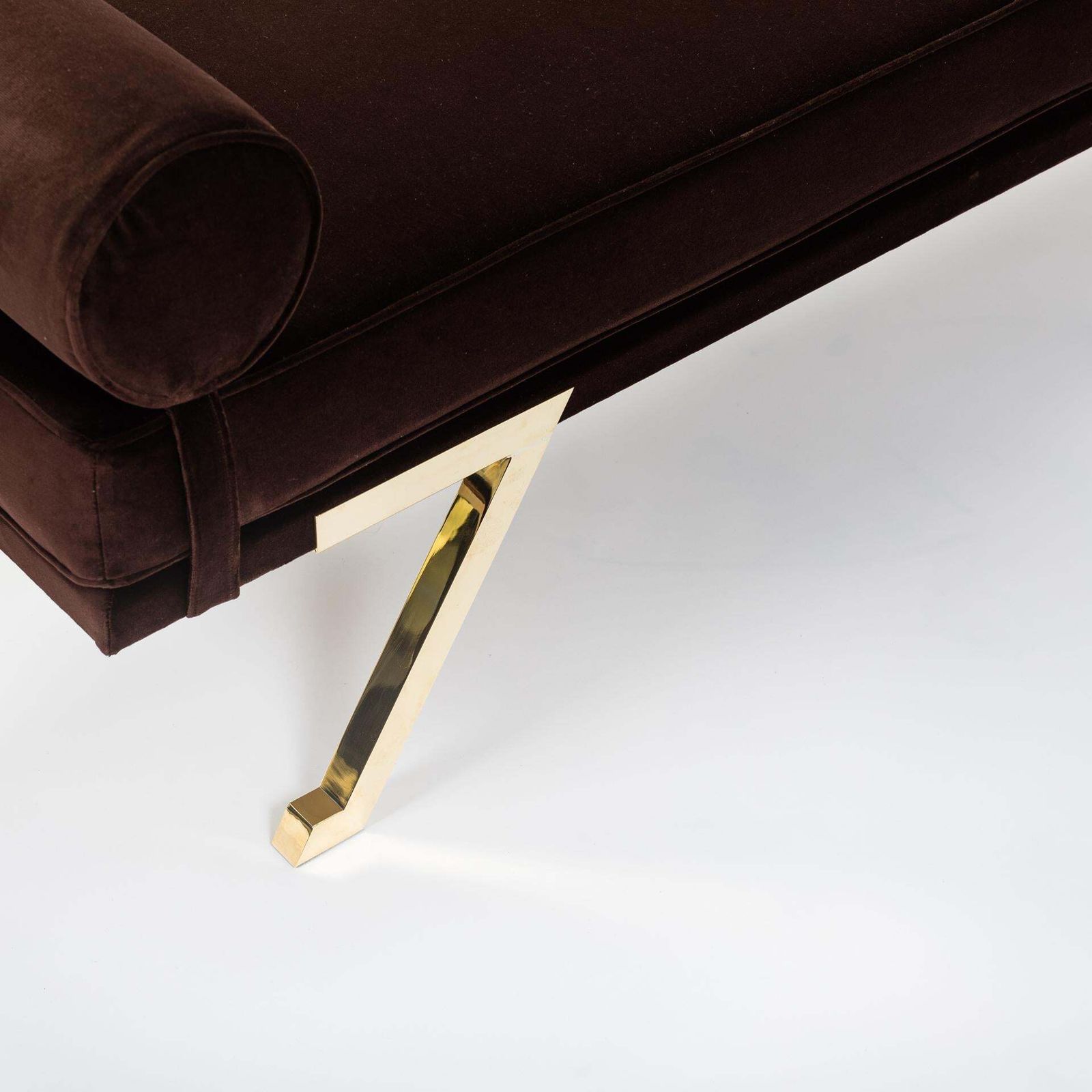 Italian Mid Century Daybed / Bench Brass Legs, Chocolate Brown Velvet 1970s photo vintage
