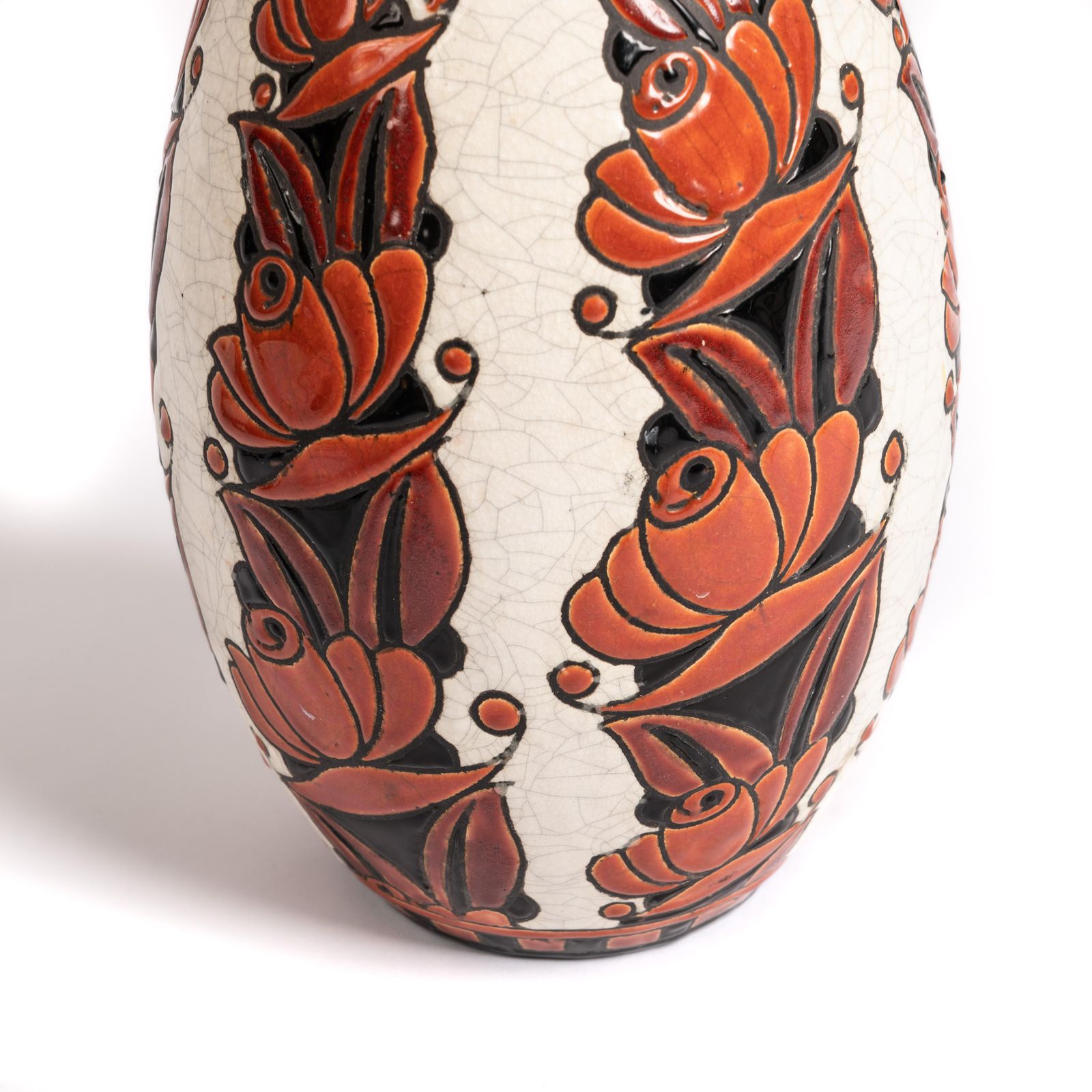 Large Art Deco Ceramic Vase In Orange Red Black Beige By Boch Frères Belgium 30s photo for sale