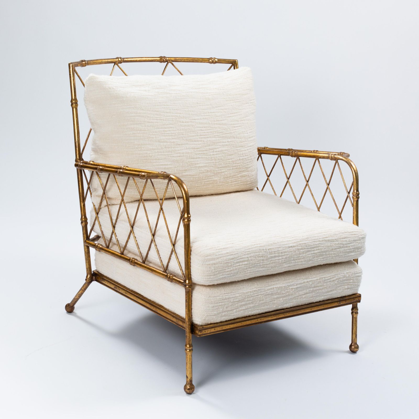 Pair Of French Mid Centruy Gilt Iron Faux Bamboo Armchairs Offwhite Linen, 1980s photo Furniture