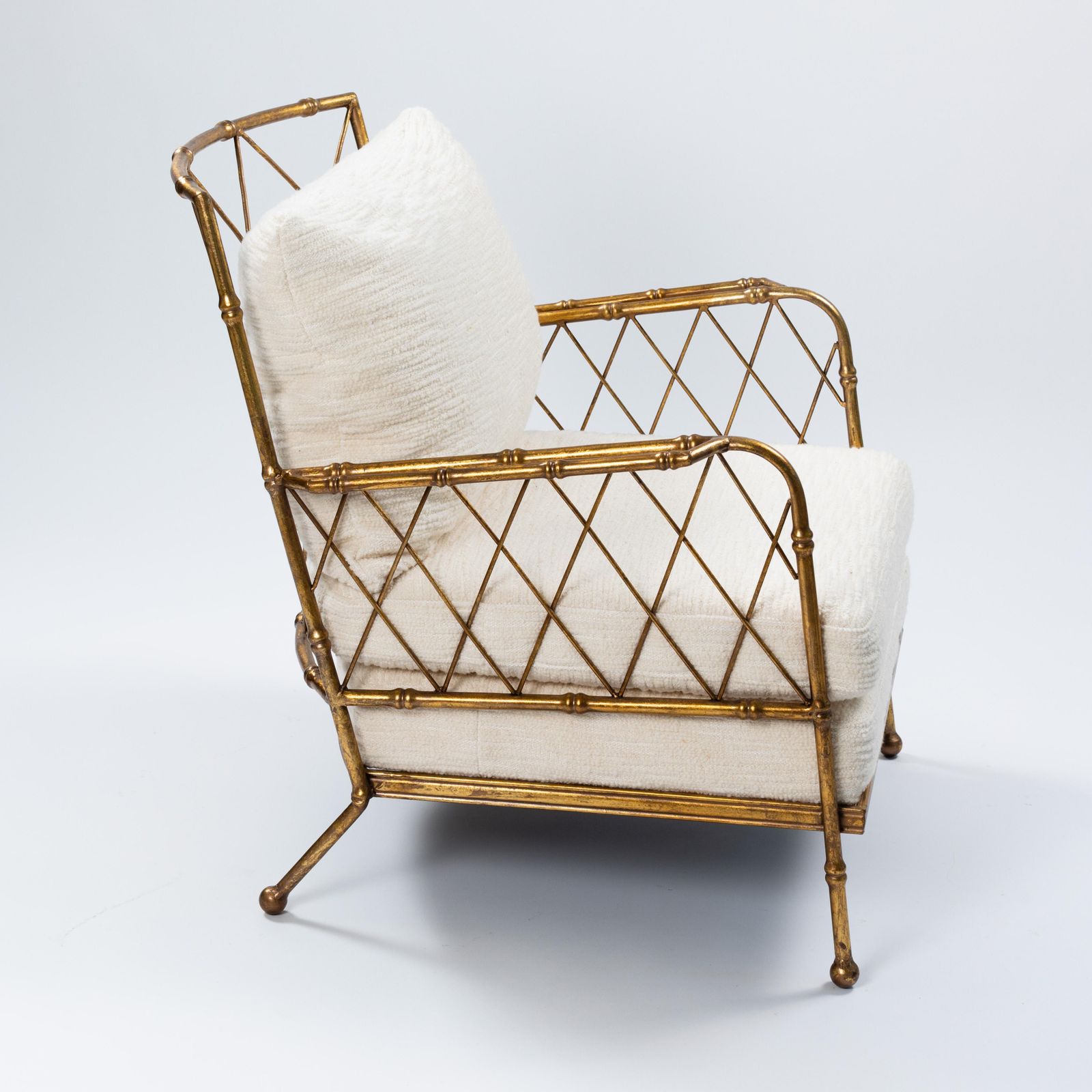 Pair Of French Mid Centruy Gilt Iron Faux Bamboo Armchairs Offwhite Linen, 1980s photo 7480.0