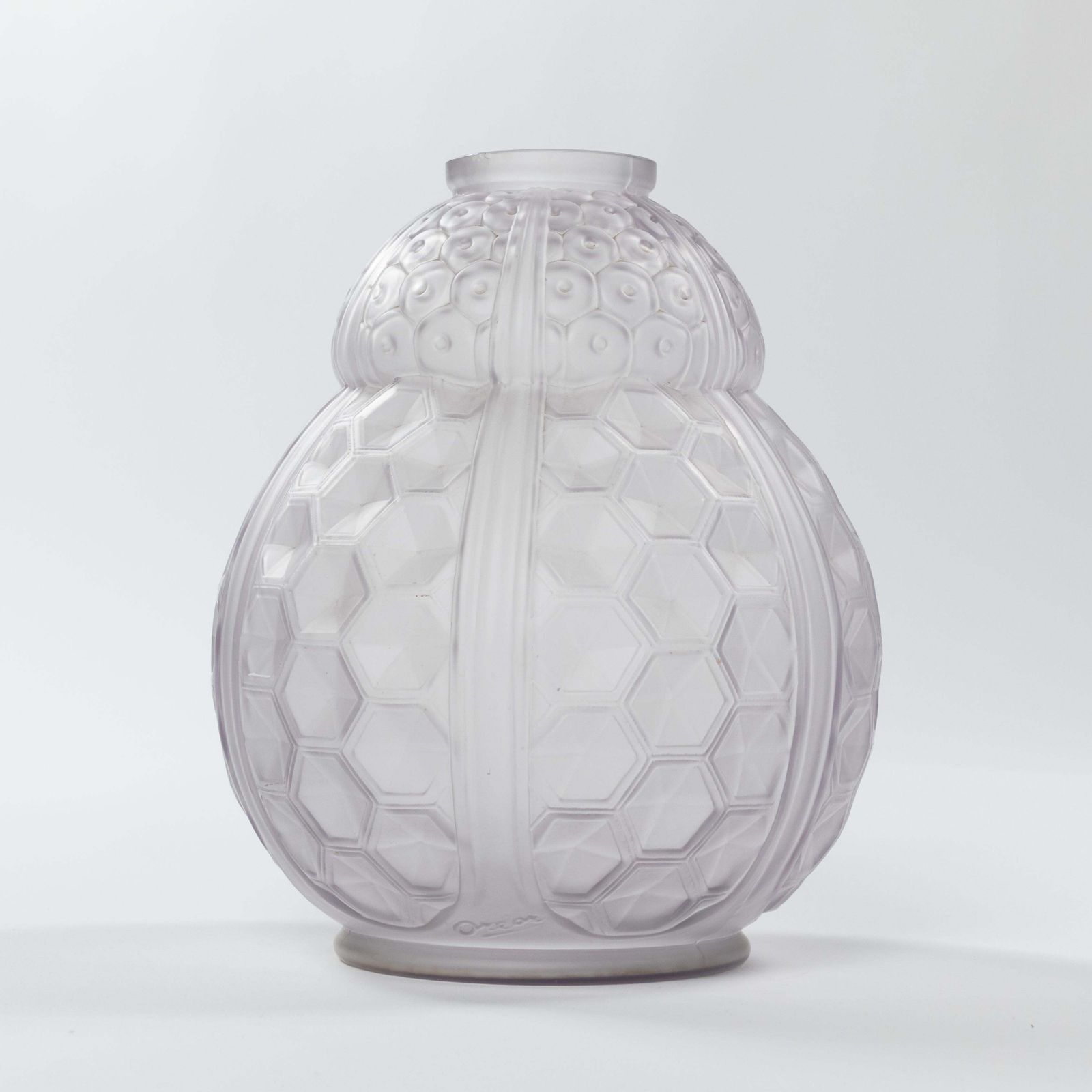 Pair Of French Art Déco Art Glass Vases In Geometric Design By Oreor, 1930s photo vinterior