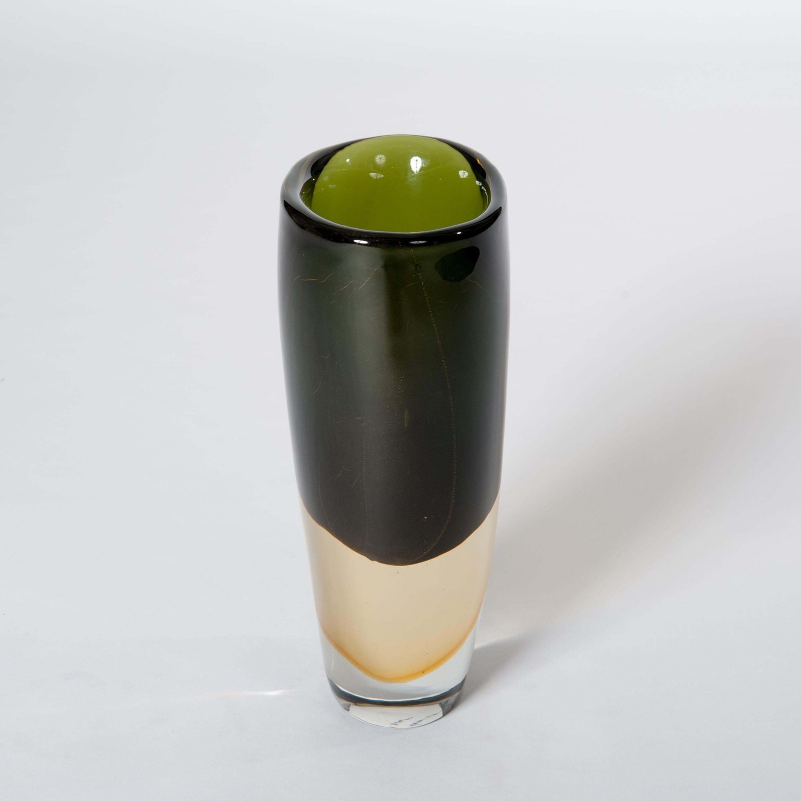 Handmade Murano Glass Sommerso Vase In Darkgreen, Yellow Signed By Romano Donà photo for sale