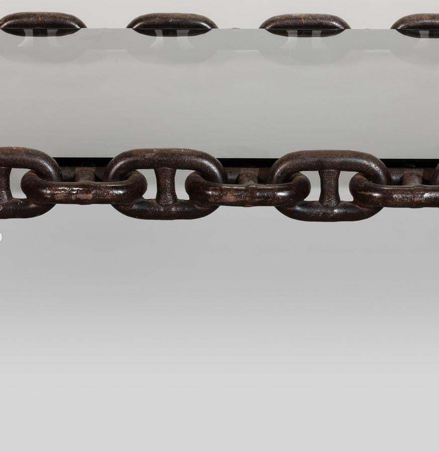 French Brutalist Iron "Chain" Coffee Table Smoked Glass Top, France 1960s photo 4127.0