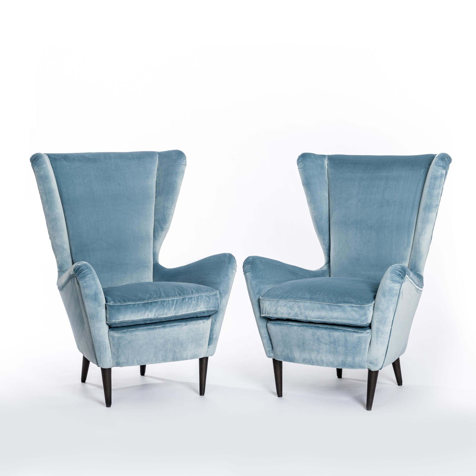 Pair Of Mid Century Italian Armchairs In Turquoise Acqua Velvet By Isa, Bergamo photo vinterior
