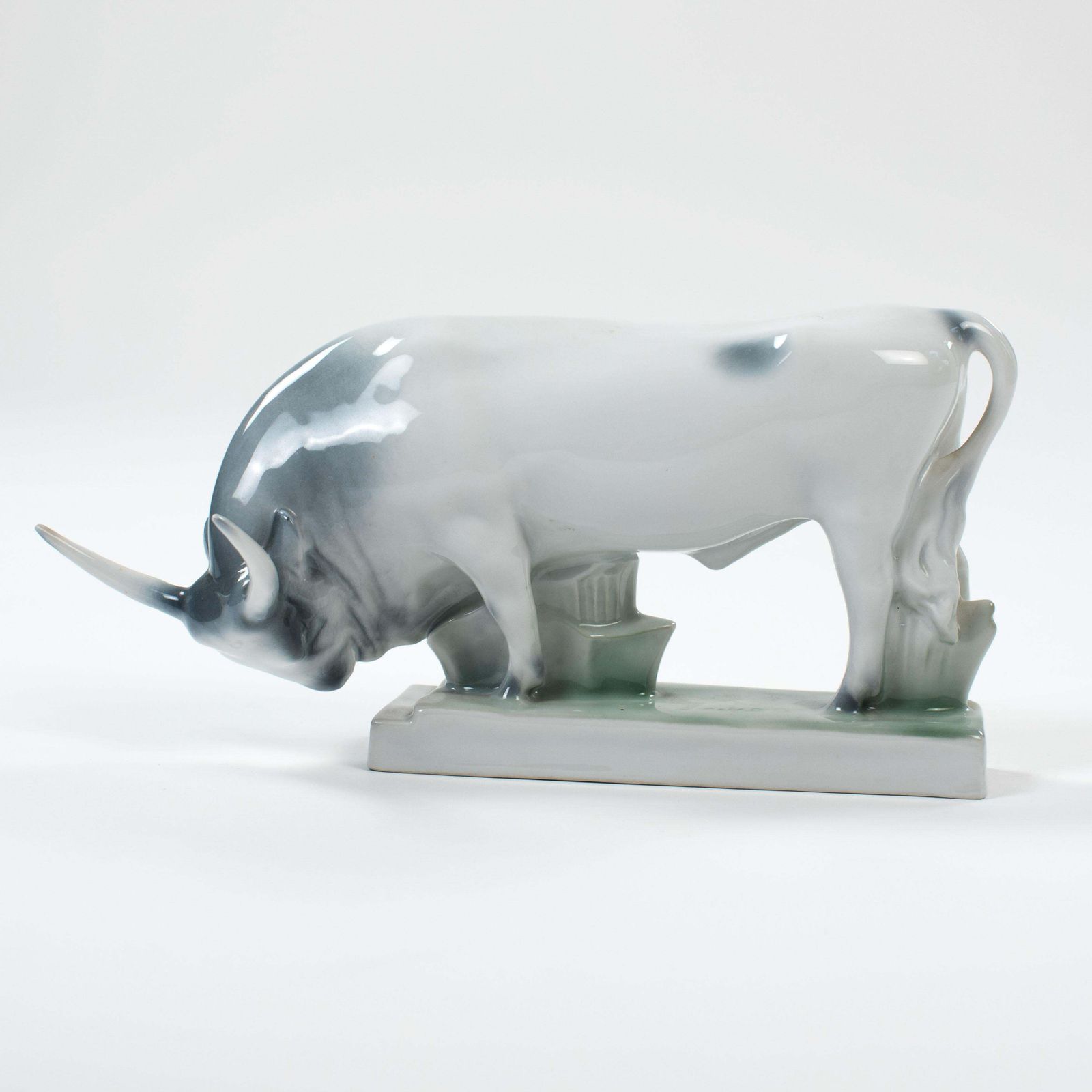 Hungary Mid Century Porcelain Bull In Soft Light Grey Green Colors By Zsolnay photo 842.0