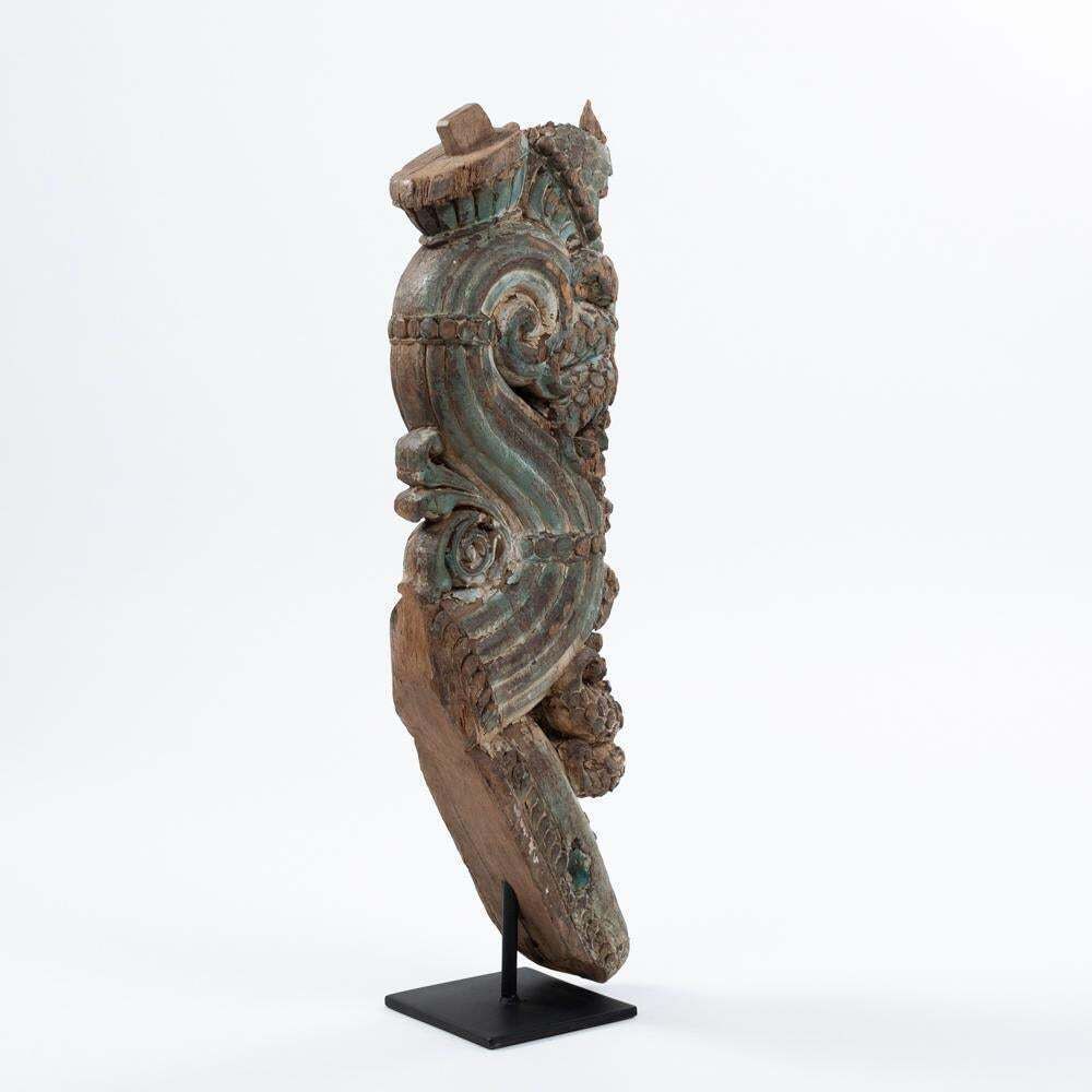 Architectural Wooden Sculpture Original Green Turquoise Paint India 18th Century photo furniture