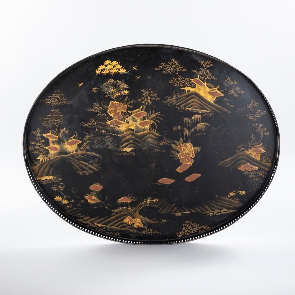 French Serving Tray With Chinoiserie Painting On Black Metal, Early 19th Century photo furniture