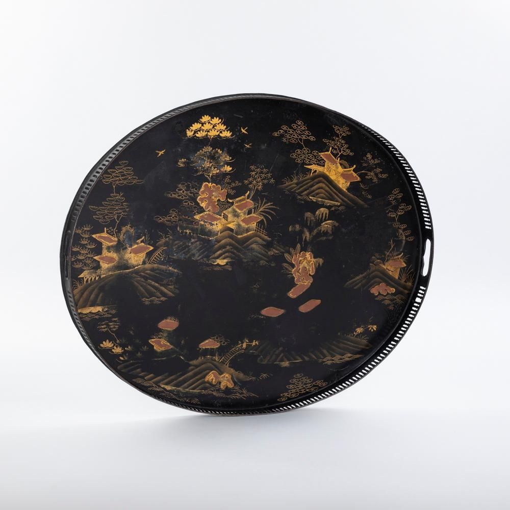 French Serving Tray With Chinoiserie Painting On Black Metal, Early 19th Century photo for sale
