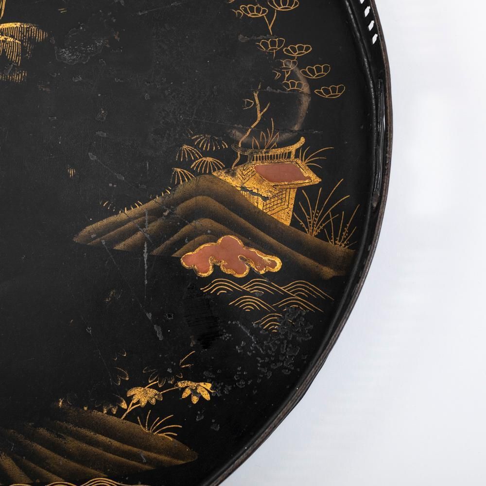 photo for sale French Serving Tray With Chinoiserie Painting On Black Metal, Early 19th Century