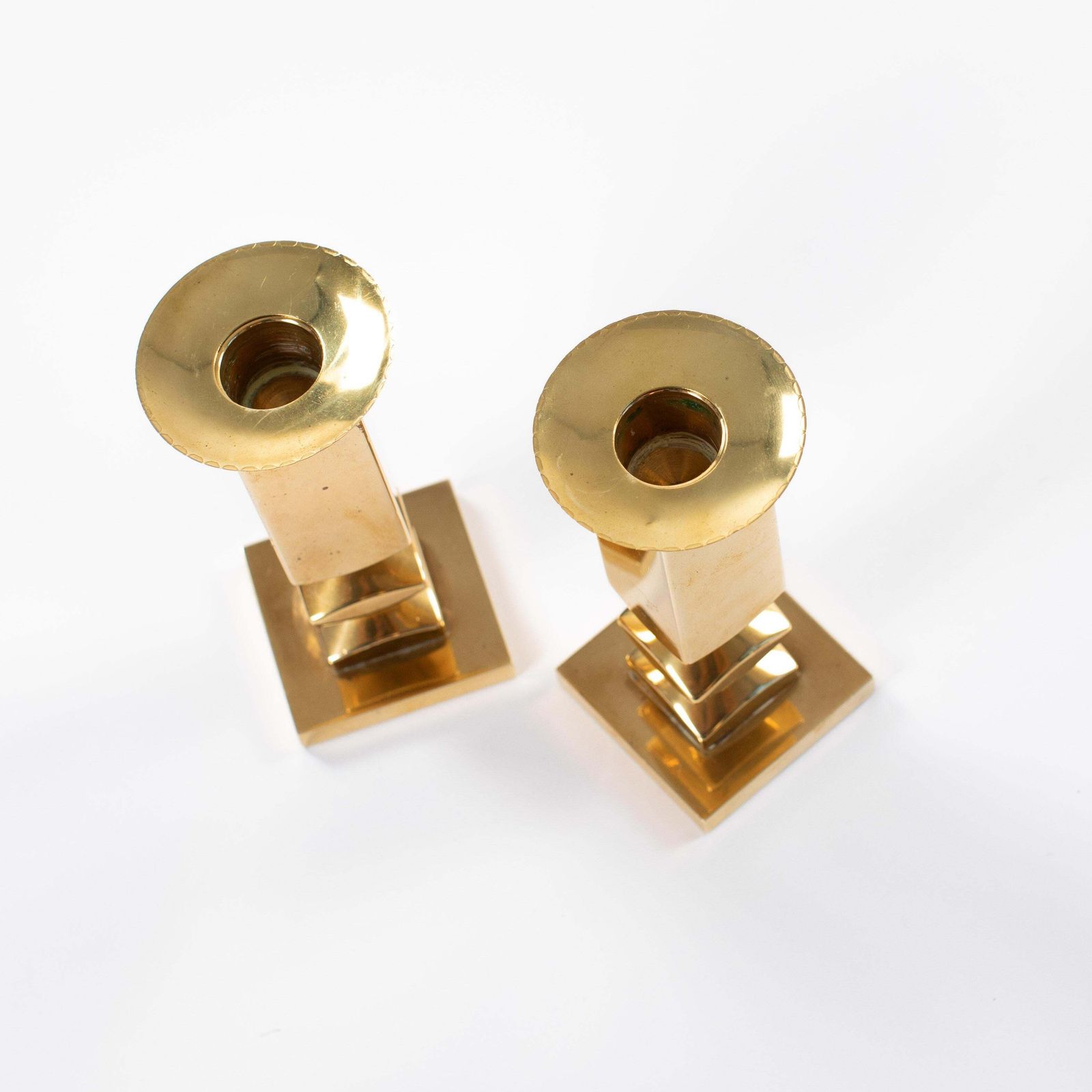 Pair Of Modern, Heavy Brass Candlesticks By Lars Bergsten For Gusum 1985, Signed photo for sale