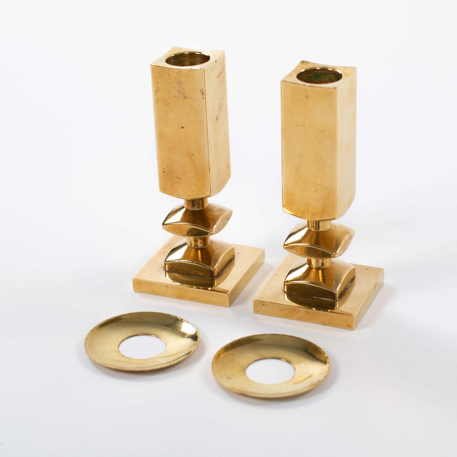 Pair Of Modern, Heavy Brass Candlesticks By Lars Bergsten For Gusum 1985, Signed photo vintage