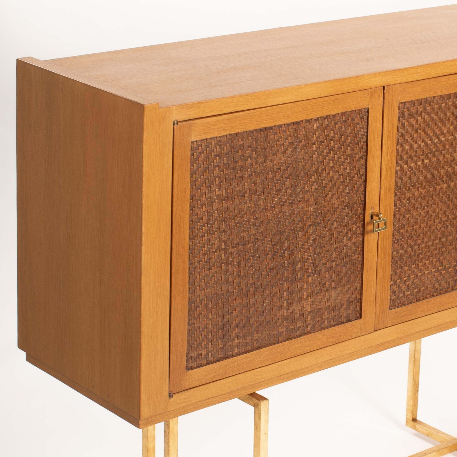 Mid Century Italian Sideboard Oakwood Gilt Metal Base, Leather Front Doors 1960s photo 9972.0