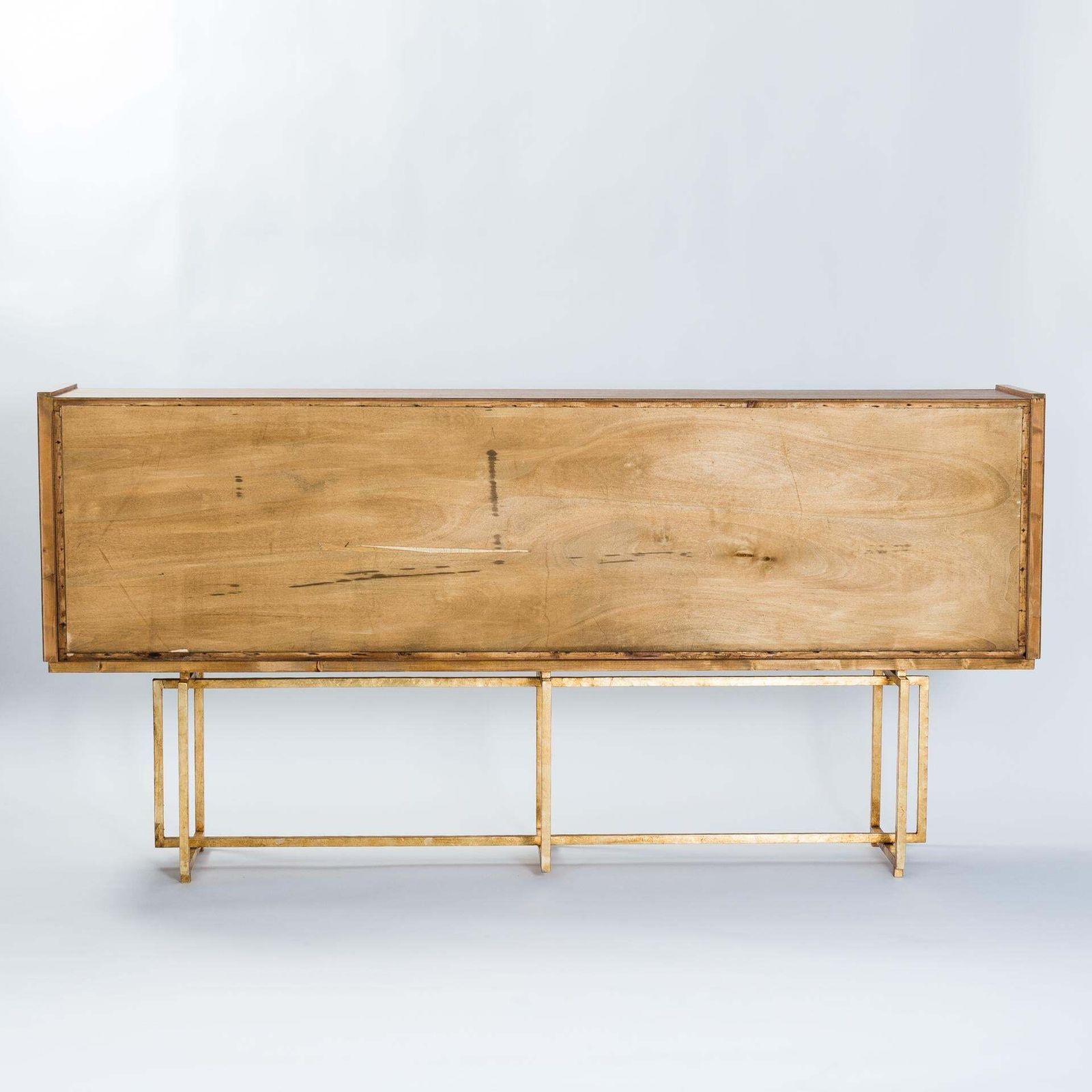 photo vintage Mid Century Italian Sideboard Oakwood Gilt Metal Base, Leather Front Doors 1960s