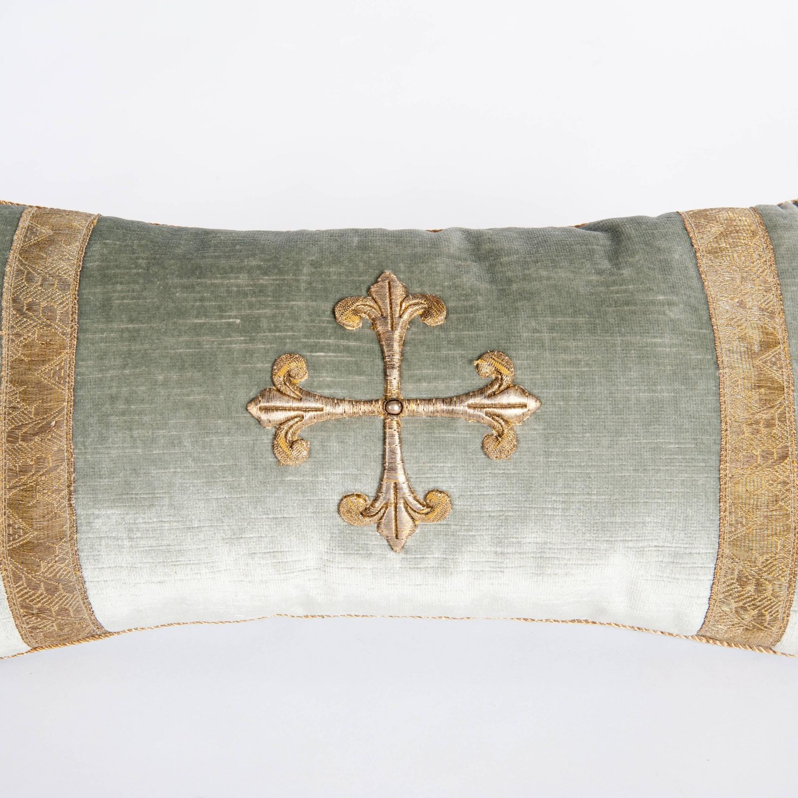 Pair Of Pastel Green Colored Velvet Pillows With Antique Metallic Embroidery photo Textiles