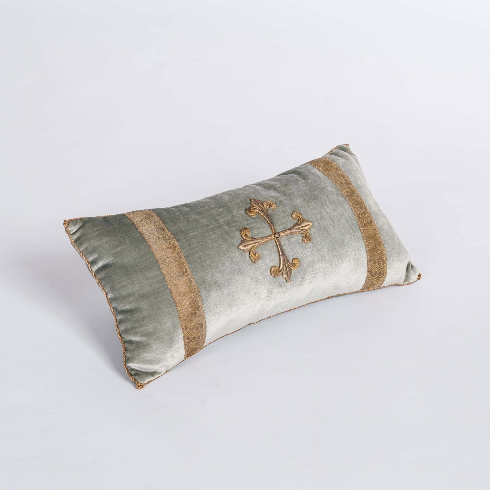 Pair Of Pastel Green Colored Velvet Pillows With Antique Metallic Embroidery photo vintage