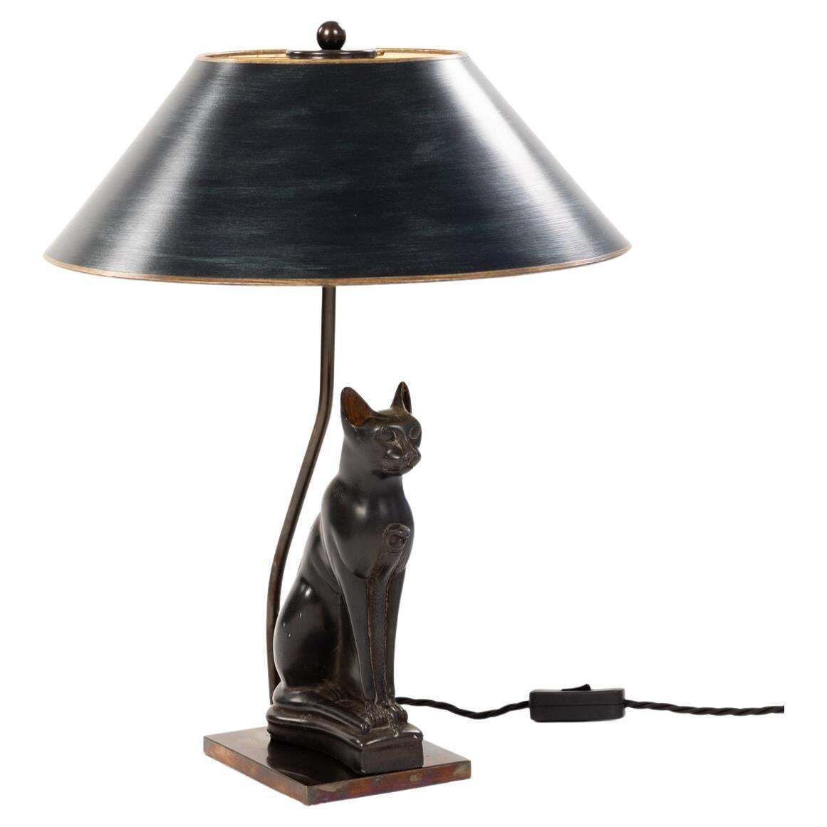 French Art Deco Figural Table Lamp Of A Sitting Stone Cat God France, 1940 Ies