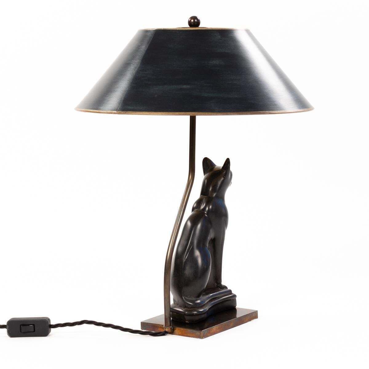 French Art Deco Figural Table Lamp Of A Sitting Stone Cat God France, 1940 Ies photo 2407.0