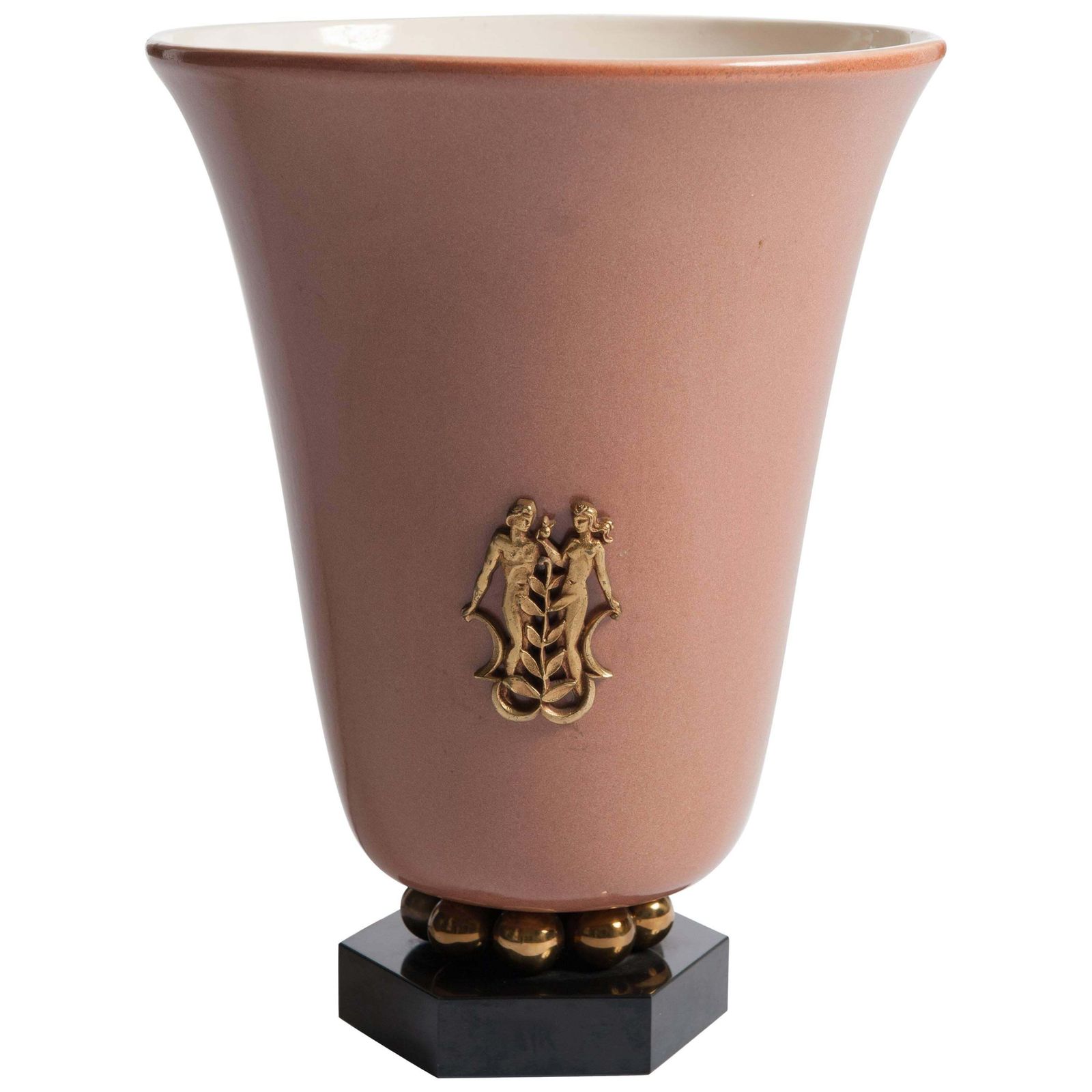 French Art Deco Old Rose Ceramic Table Lamp On Black Stone With Brass Details