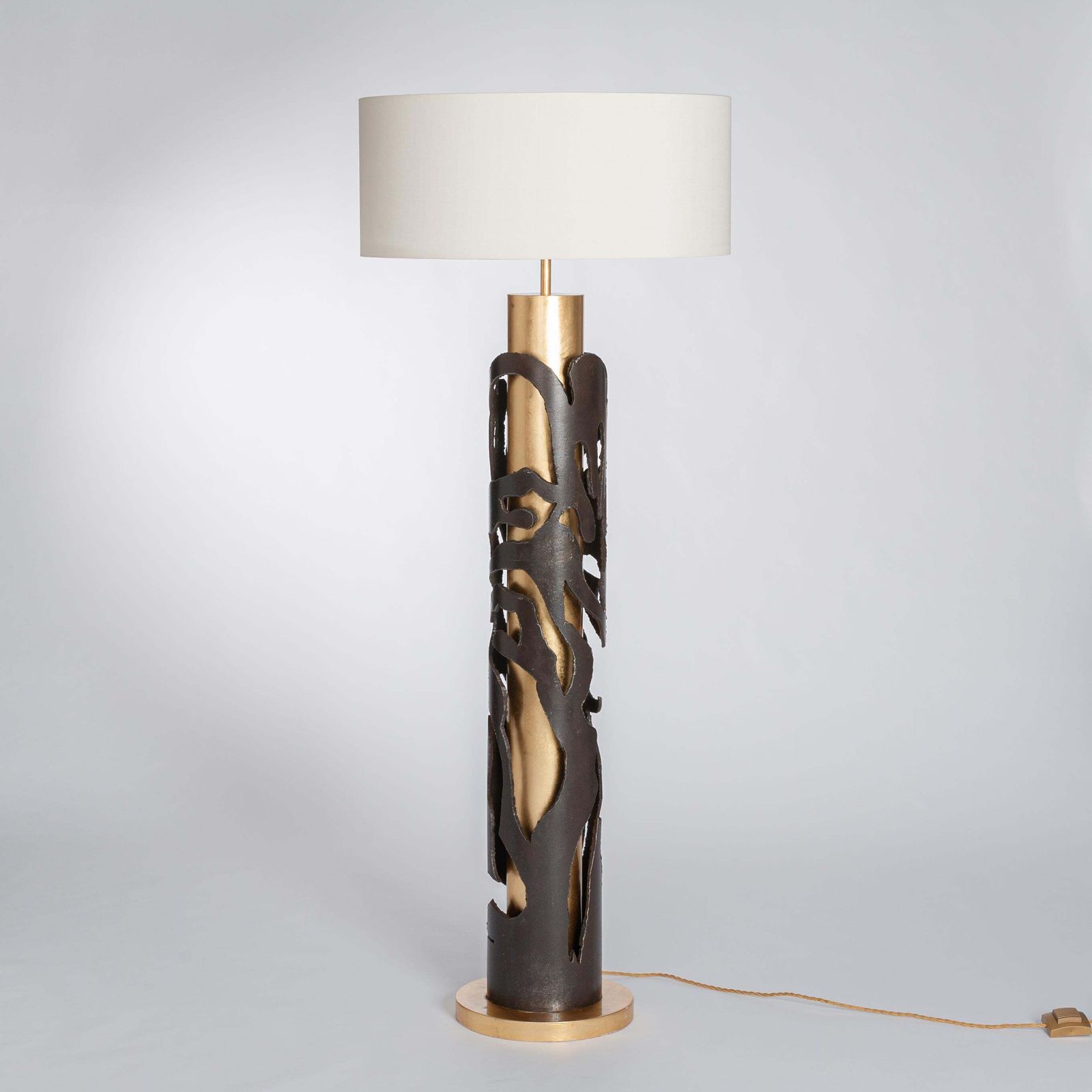 Italian Mid Century Iron Floor Lamp In Gold Brown Off White Silk Shade 1980s photo furniture