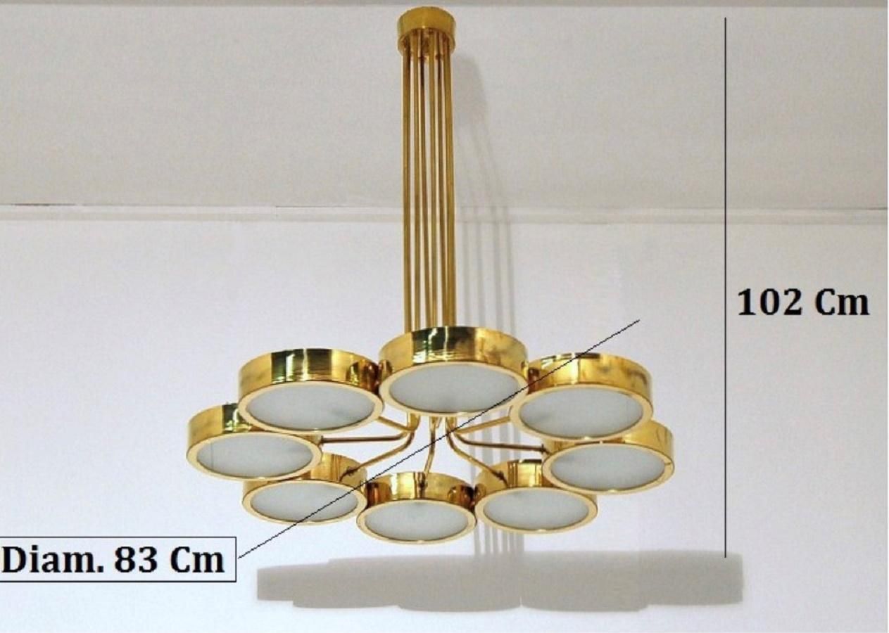 Mid Century Italian Brass, Opal Glass Chandelier 8 Lits From The 1970s photo vintage