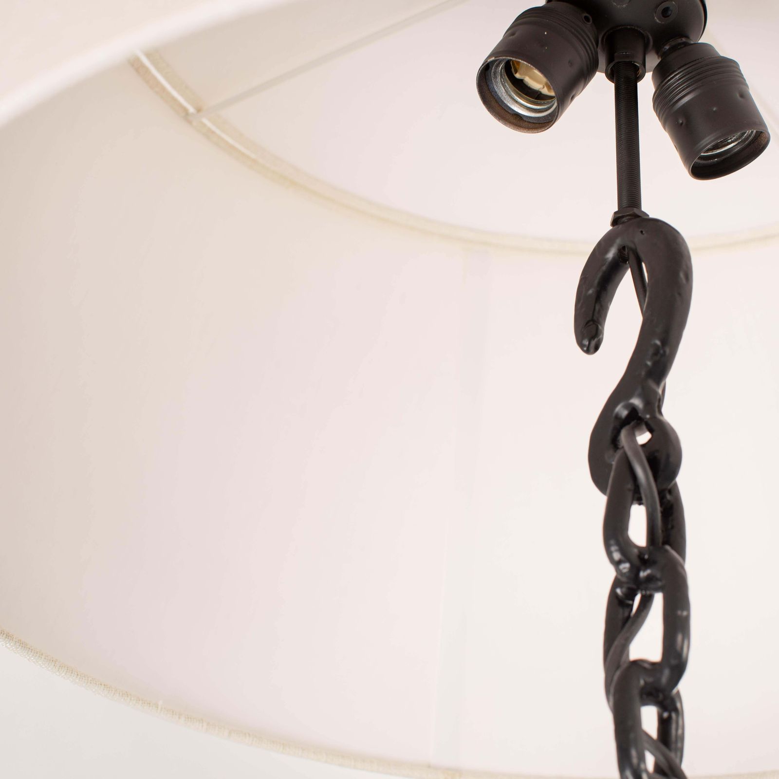 French Brutalist Mid Century Black Iron Chain Floor Lamp White Silk Shade 1960s photo Lighting