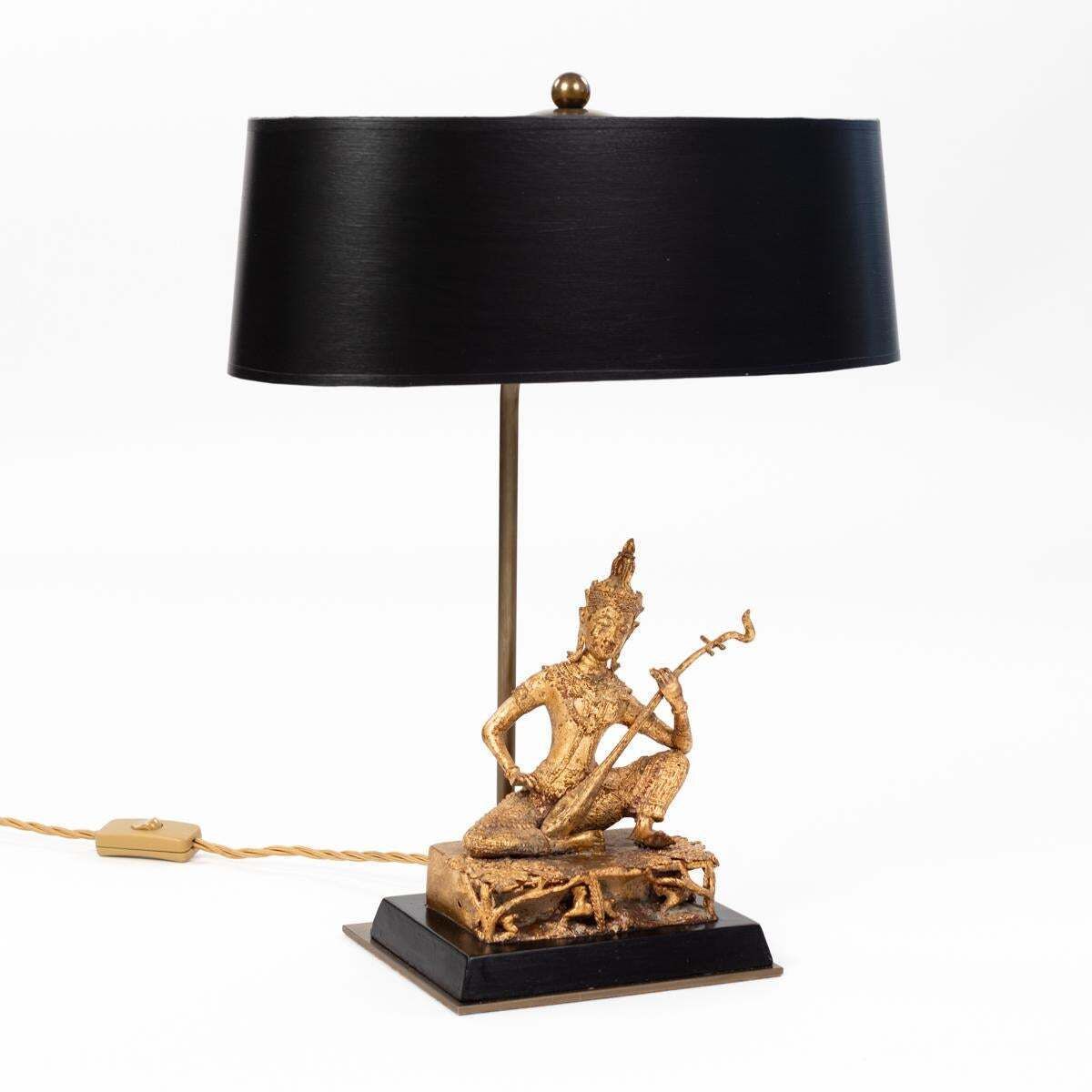 Asian Table Lamp Of A Sitting Temple Musicien Gilded Bronze Thailand 1920s photo Lighting