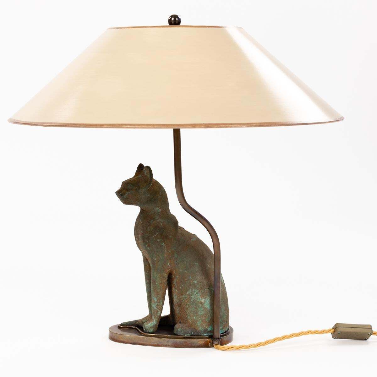 Mid Century Greek Green Bastet Cat God Table Lamp Cast Iron Patinated 1940s photo Lighting