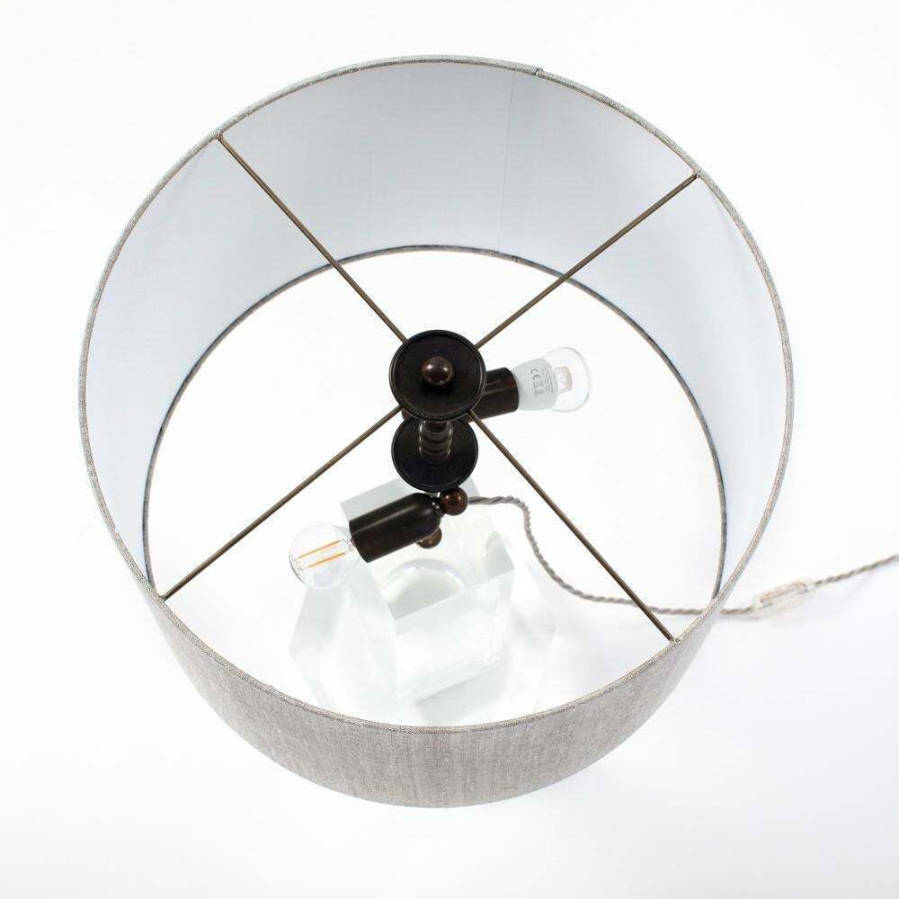 Mid Century French Clear Acylic Glass Table Lamp Grey Colored Silk Shade 1960s photo for sale