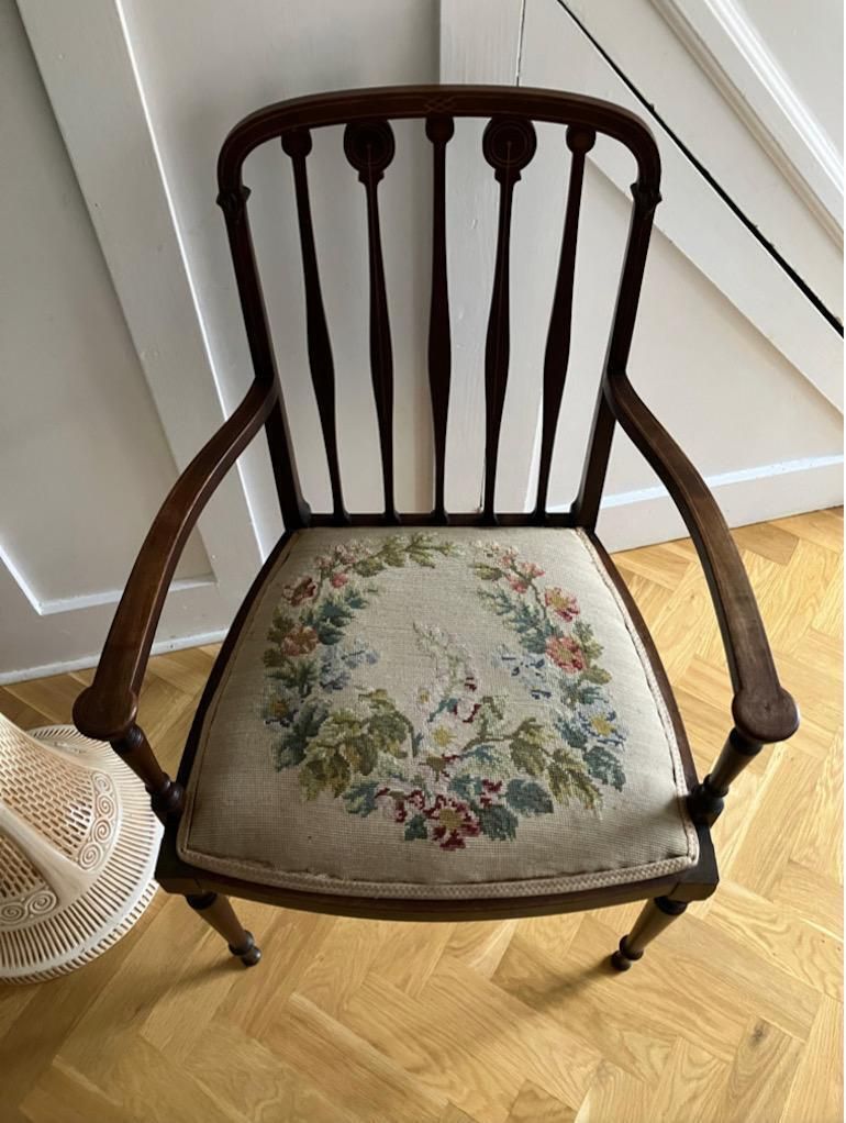 English Inlaid Mahogany Needlepoint Armchair \ Bedroom Side Chair photo furniture