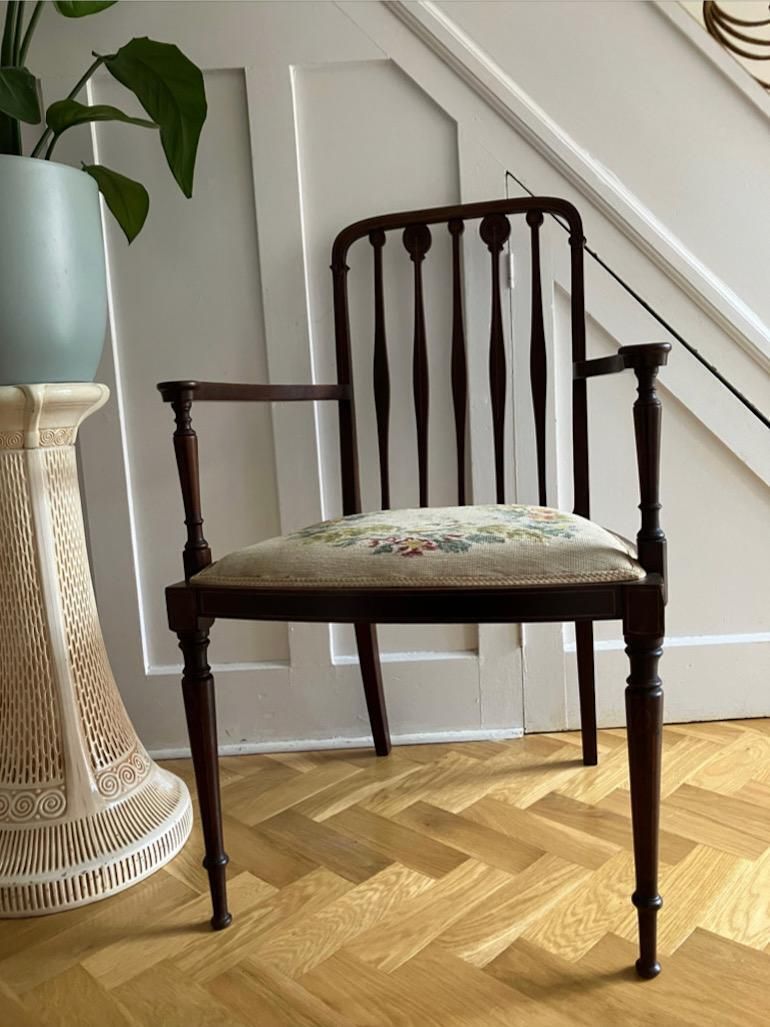English Inlaid Mahogany Needlepoint Armchair \ Bedroom Side Chair photo for sale