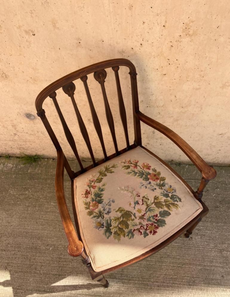 English Inlaid Mahogany Needlepoint Armchair \ Bedroom Side Chair photo vinterior