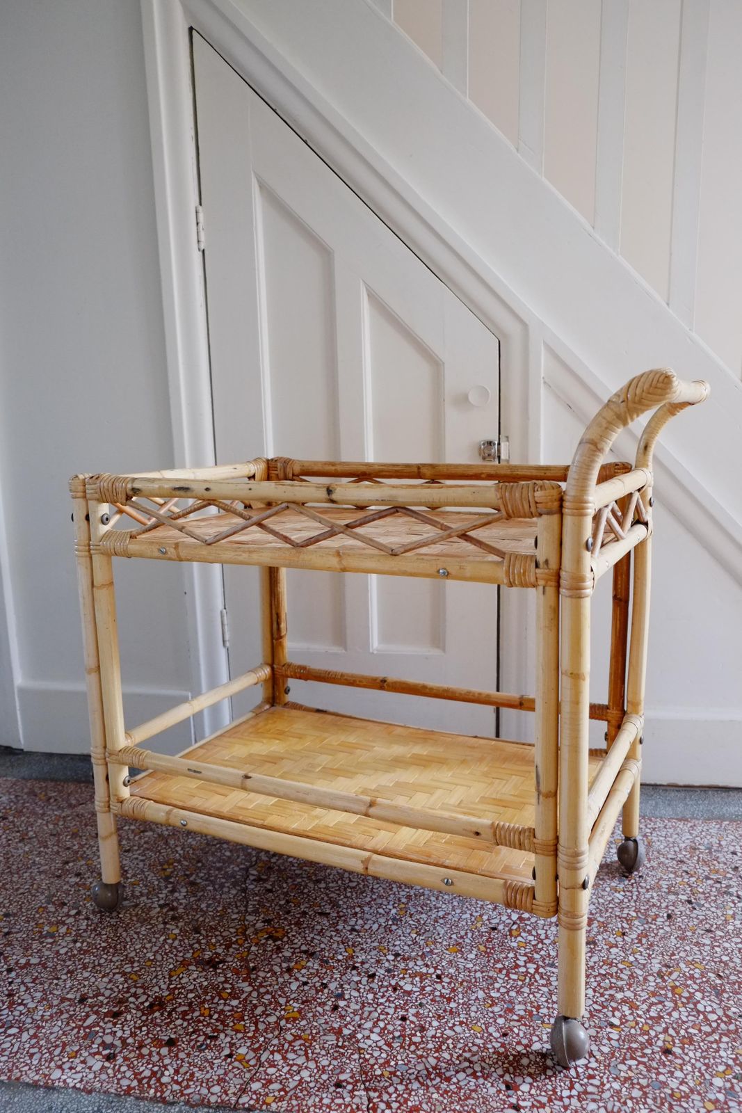 Boho Large Bamboo Rectangular Serving Trolley Drinks Bar Cart photo for sale
