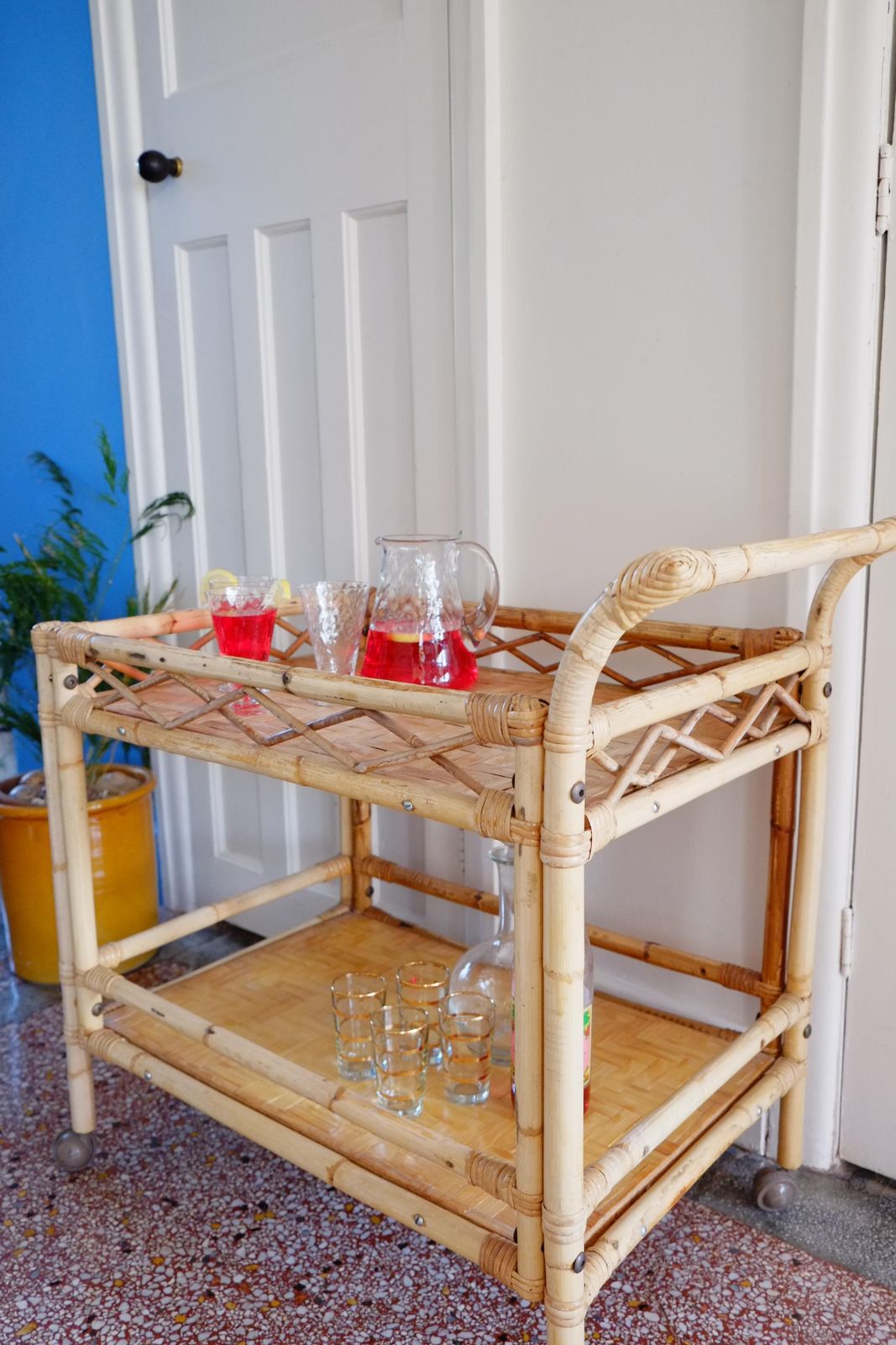 photo furniture Boho Large Bamboo Rectangular Serving Trolley Drinks Bar Cart