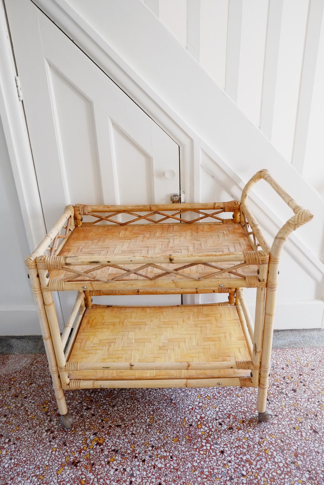 Furniture Boho Large Bamboo Rectangular Serving Trolley Drinks Bar Cart photo