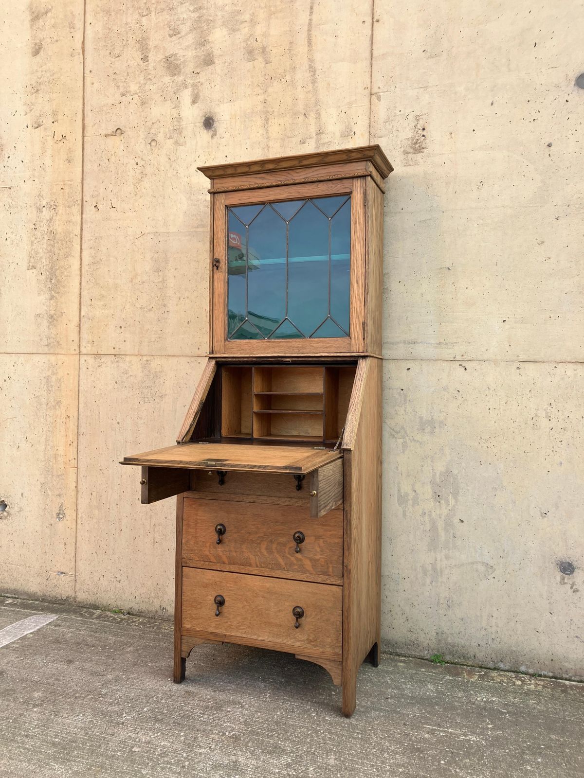 English Antique 1930's Oak Bureau Cabinet With Glass Vitrine And Drawers photo Furniture
