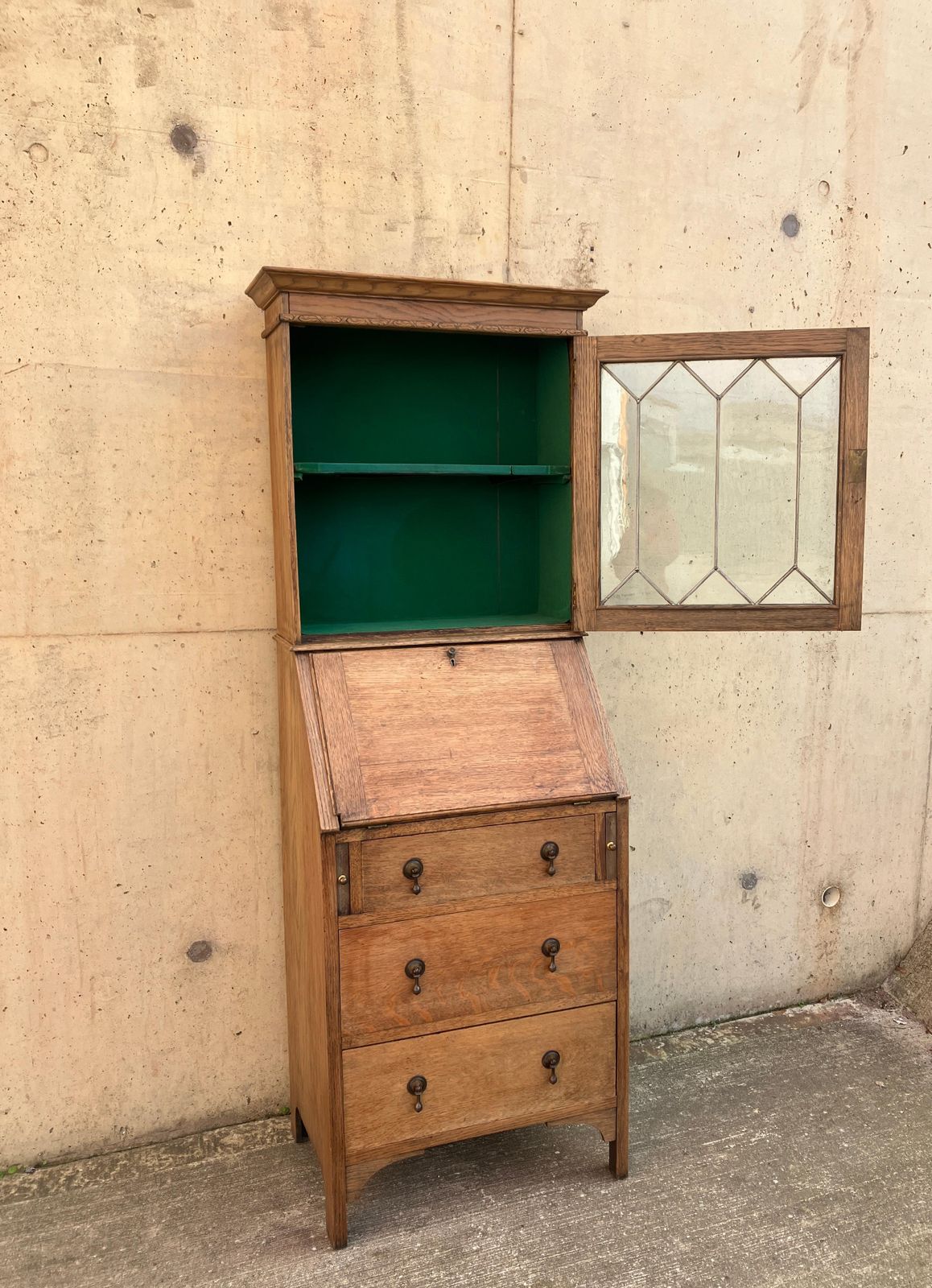 English Antique 1930's Oak Bureau Cabinet With Glass Vitrine And Drawers photo vintage