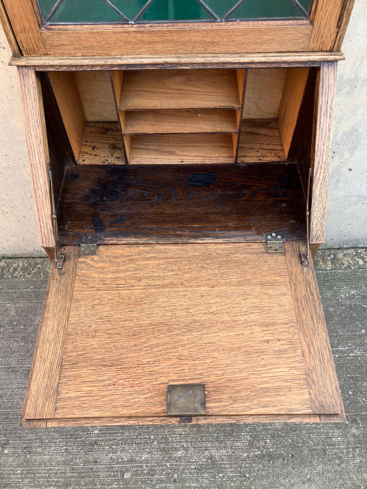 Furniture English Antique 1930's Oak Bureau Cabinet With Glass Vitrine And Drawers photo