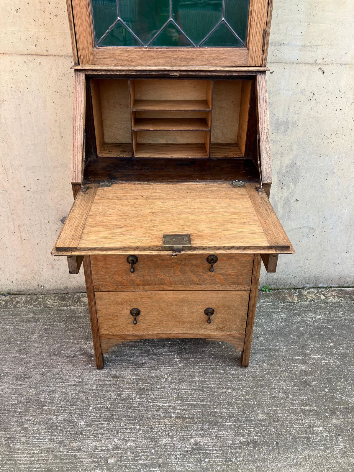 903.0 English Antique 1930's Oak Bureau Cabinet With Glass Vitrine And Drawers photo