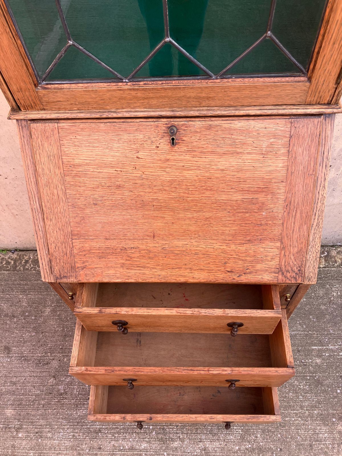 photo vinterior English Antique 1930's Oak Bureau Cabinet With Glass Vitrine And Drawers