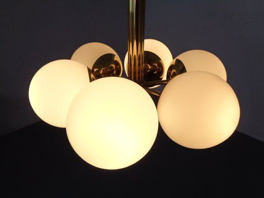 photo for sale Sputnik Brass And Glass Ceiling Chandelier From Kaiser Idell / Kaiser Leuchten, Germany, 1960s