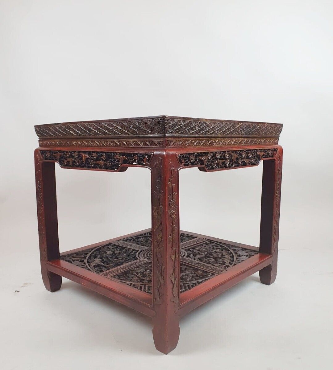 Chinese Coffee Table In Red Lacquered Wood Decorated With Branches, Flowers And Birds, Early 20th Century photo vintage