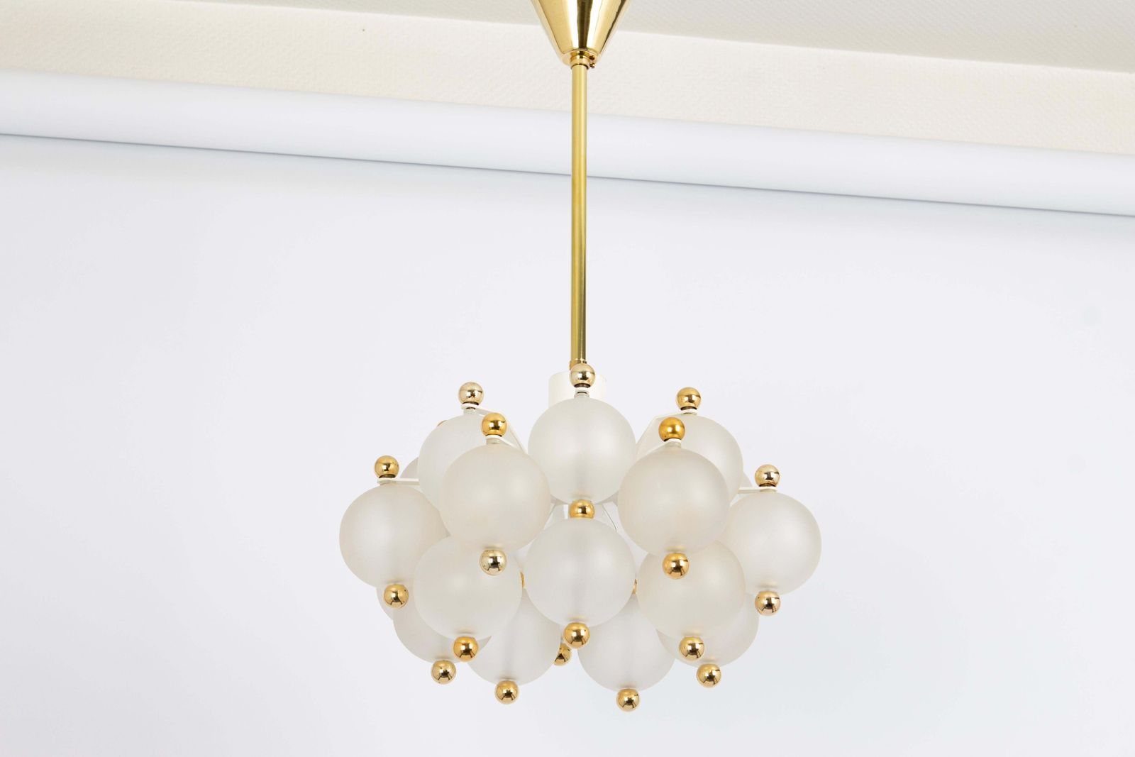 photo for sale Petite Frosted Glass And Brass Chandelier By Kinkeldey, Germany, 1970s