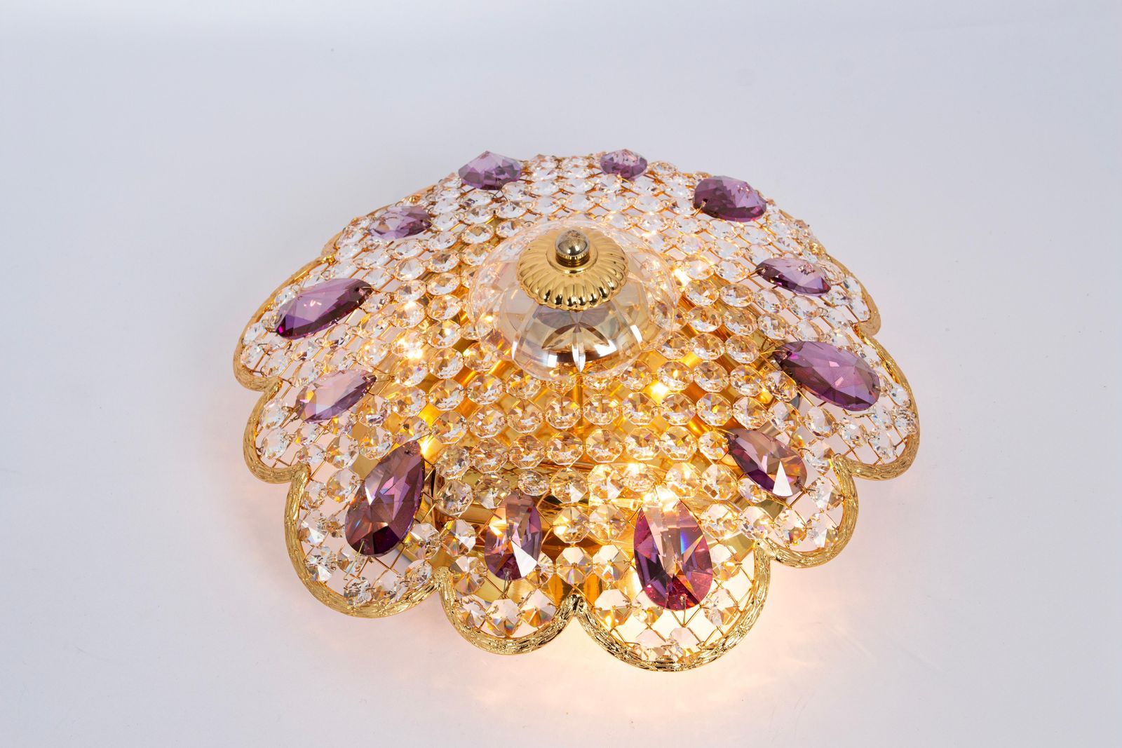 Petite Delicate Gilt Brass Cut Glass Flower Flush Mount By Palwa, Germany, 1970s photo vinterior