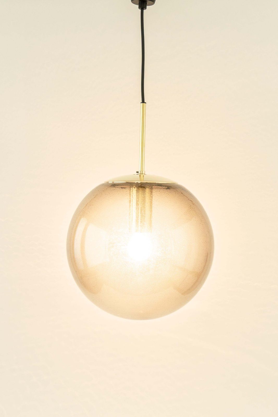 1 Of 2 Large Limburg Brass With Smoked Glass Ball Pendant, Germany, 1970s photo for sale
