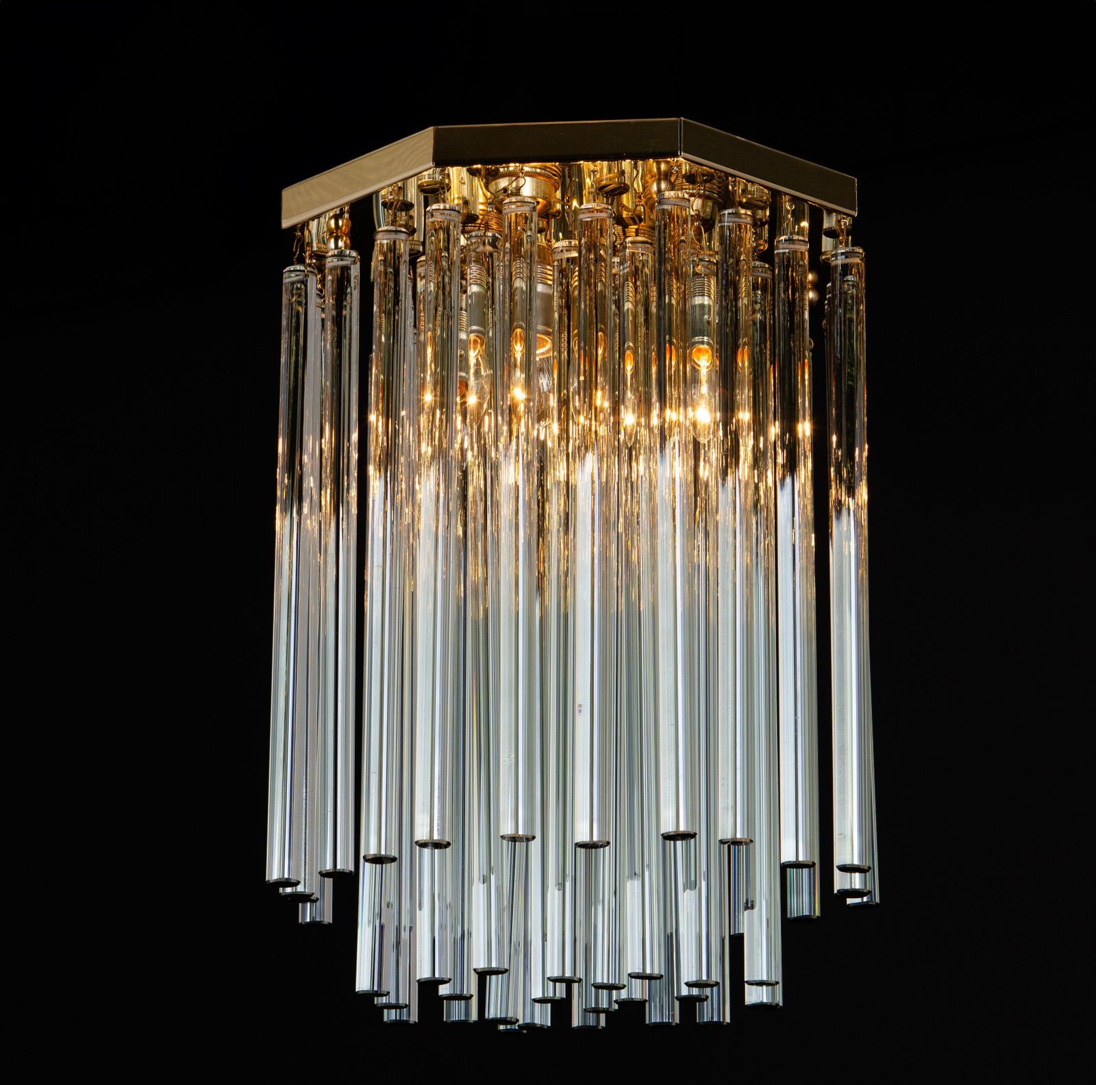 1 Of 3 Brass And Crystal Glass Rods Flush Mount Light By C.Palme, Germany, 1970s photo vinterior