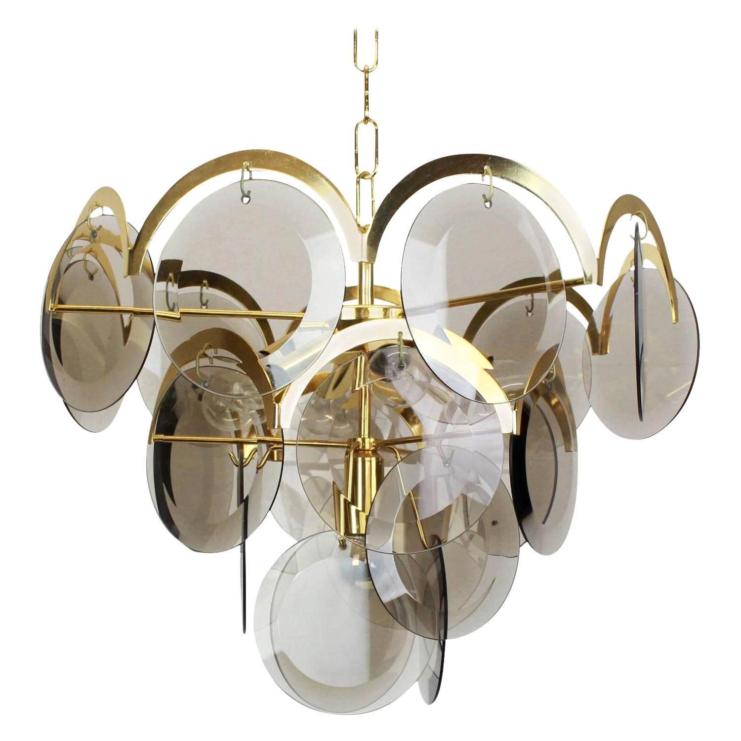 Vistosi Smoked Glass Disc Chandelier, Italy, 1960s