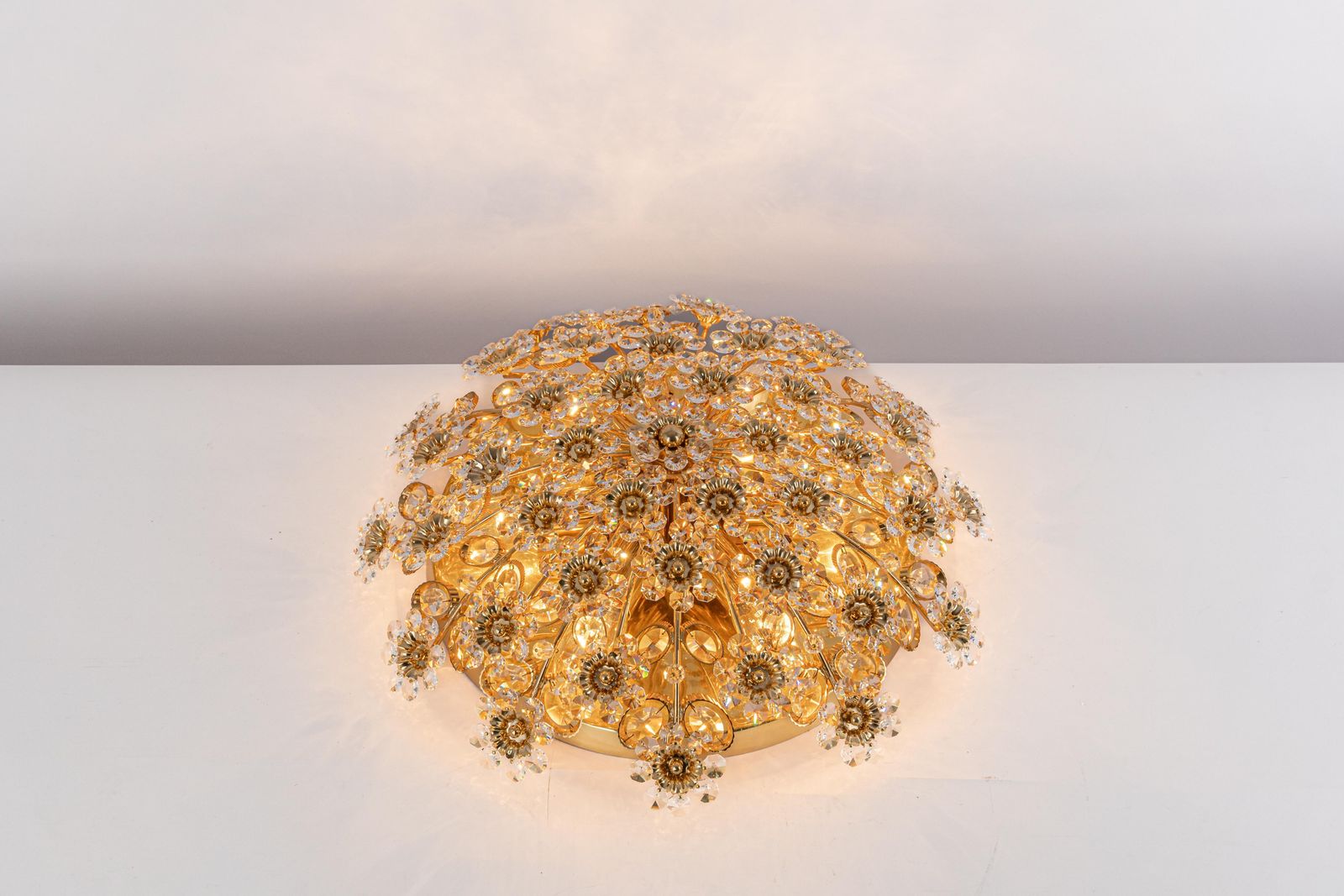 1 Of 3 Delicate Gilt Brass Cut Glass Flower Flush Mount By Palwa, Germany, 1970s photo vinterior
