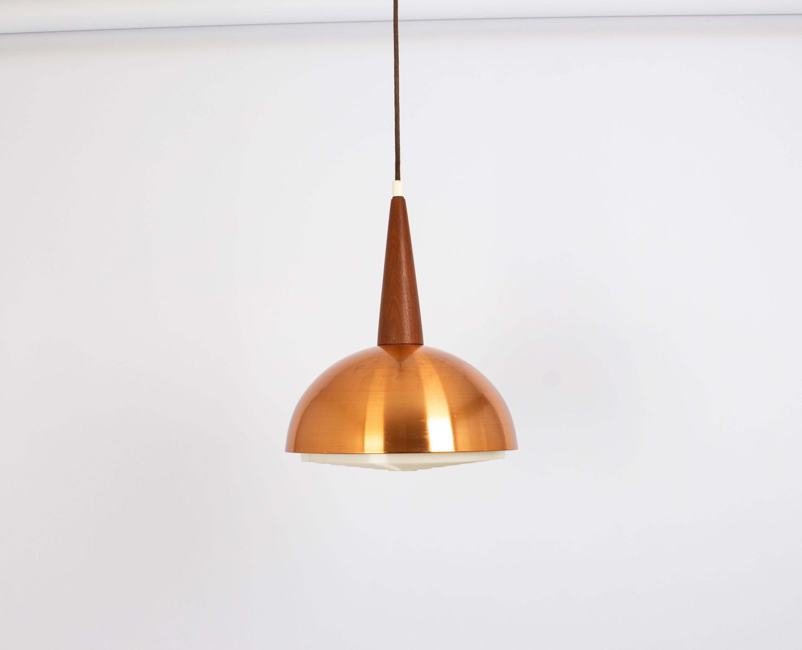Wonderful Petite Copper And Teak Pendant Light, In Style Of Jo Hammerborg, 1970s photo furniture