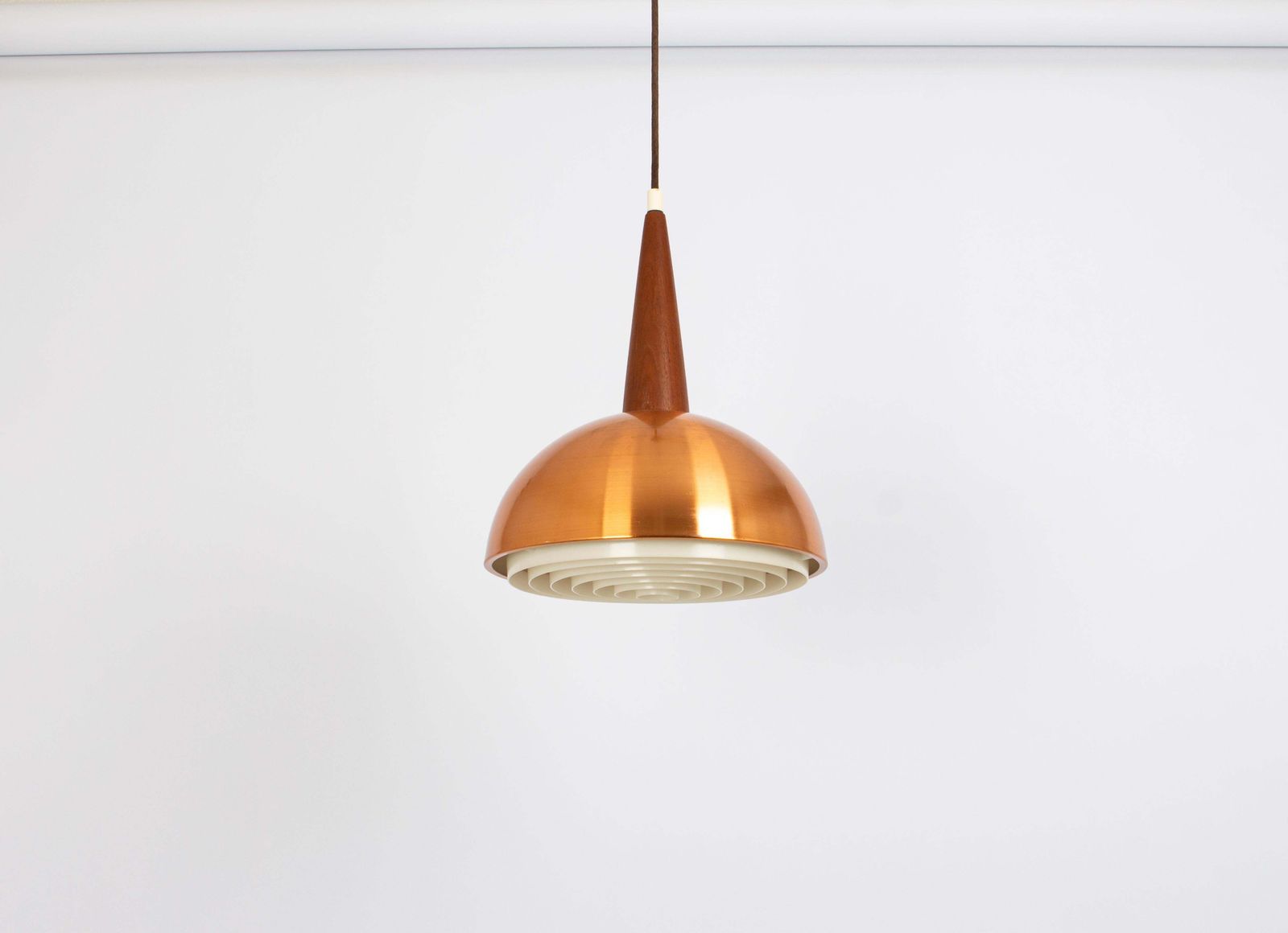 Wonderful Petite Copper And Teak Pendant Light, In Style Of Jo Hammerborg, 1970s photo for sale